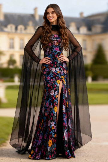Long Sleeve Halter Mermiad Black Floral Prom Dress with Cape